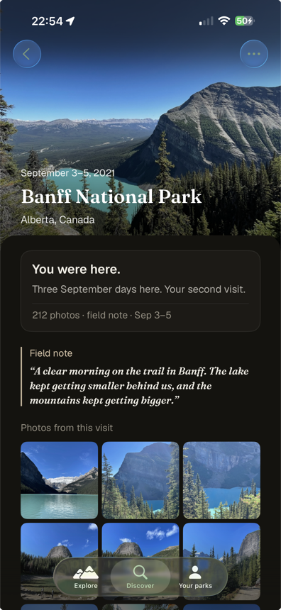 A GoParks visit memory for Banff National Park: a hero photo, a field note, and photos from the day.