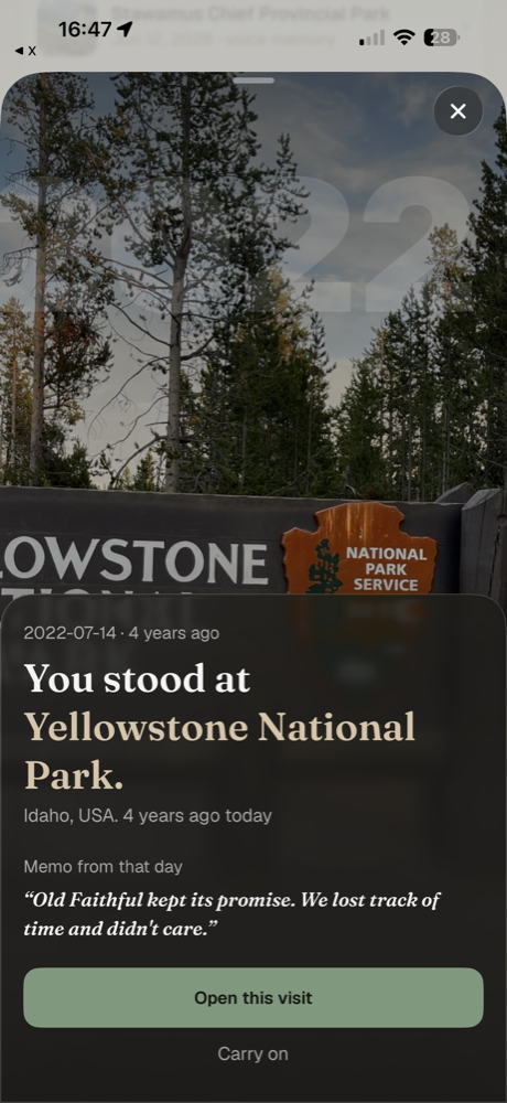 An On This Day memory resurfacing a past visit to Yellowstone