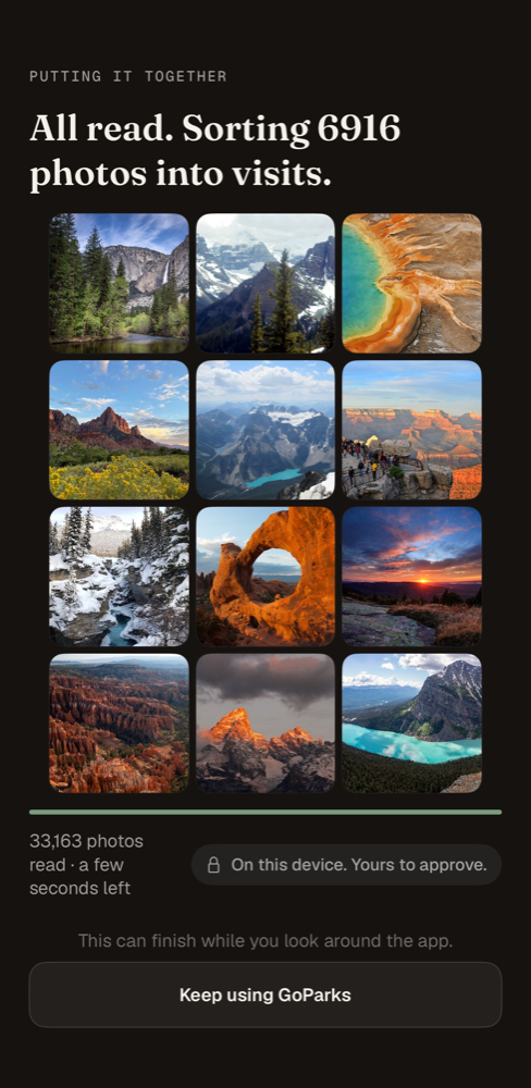 GoParks reading a photo library on device and sorting it into park visits